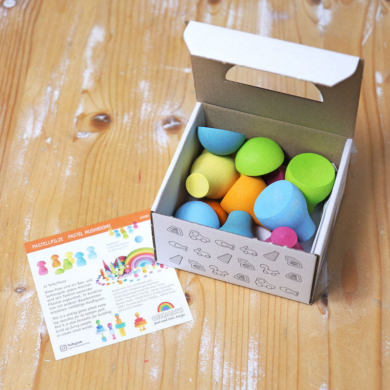 Grimm's Pastel Rainbow Wooden Mushrooms in box