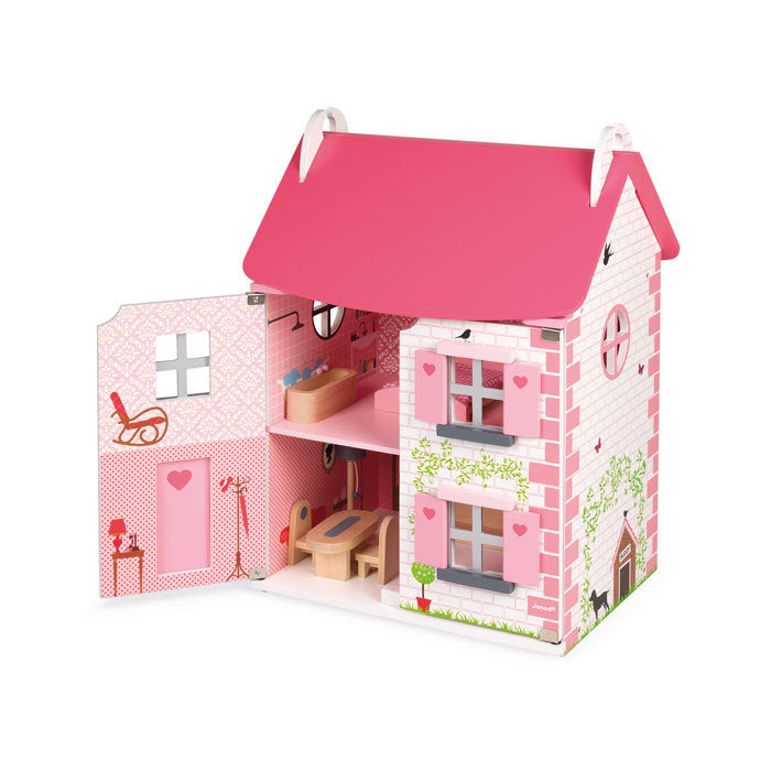 Janod Furnished Madamoiselle Doll House Pink Door Open 2