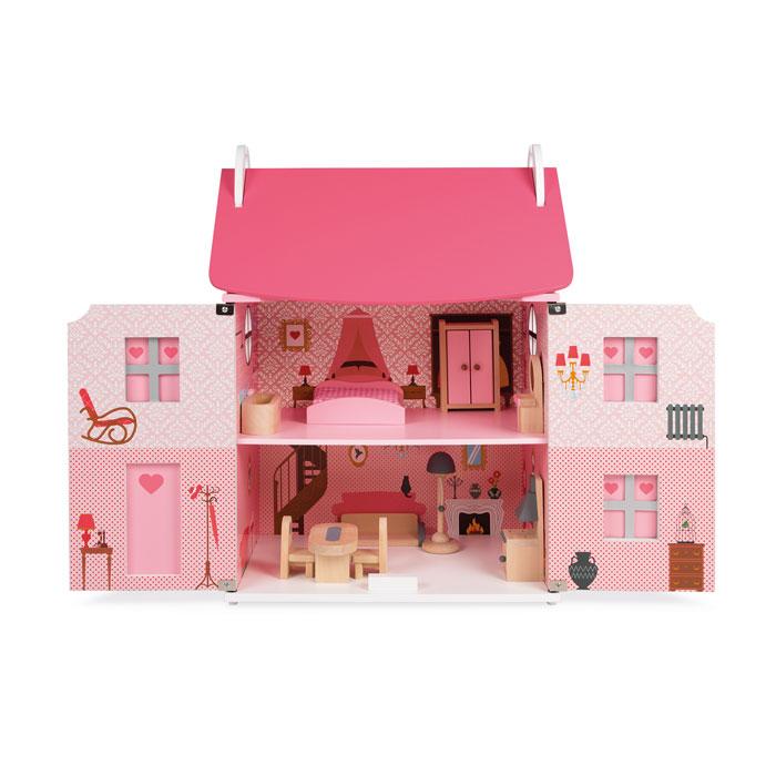 Janod Furnished Madamoiselle Doll House Pink Doors Open