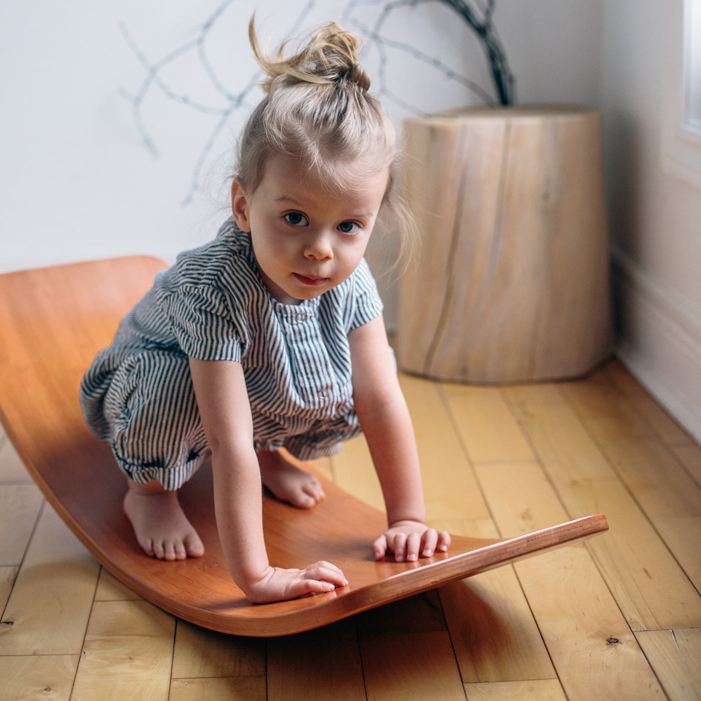 Kinderfeets Wooden Wobble Kinderboard Bamboo Girl Sitting