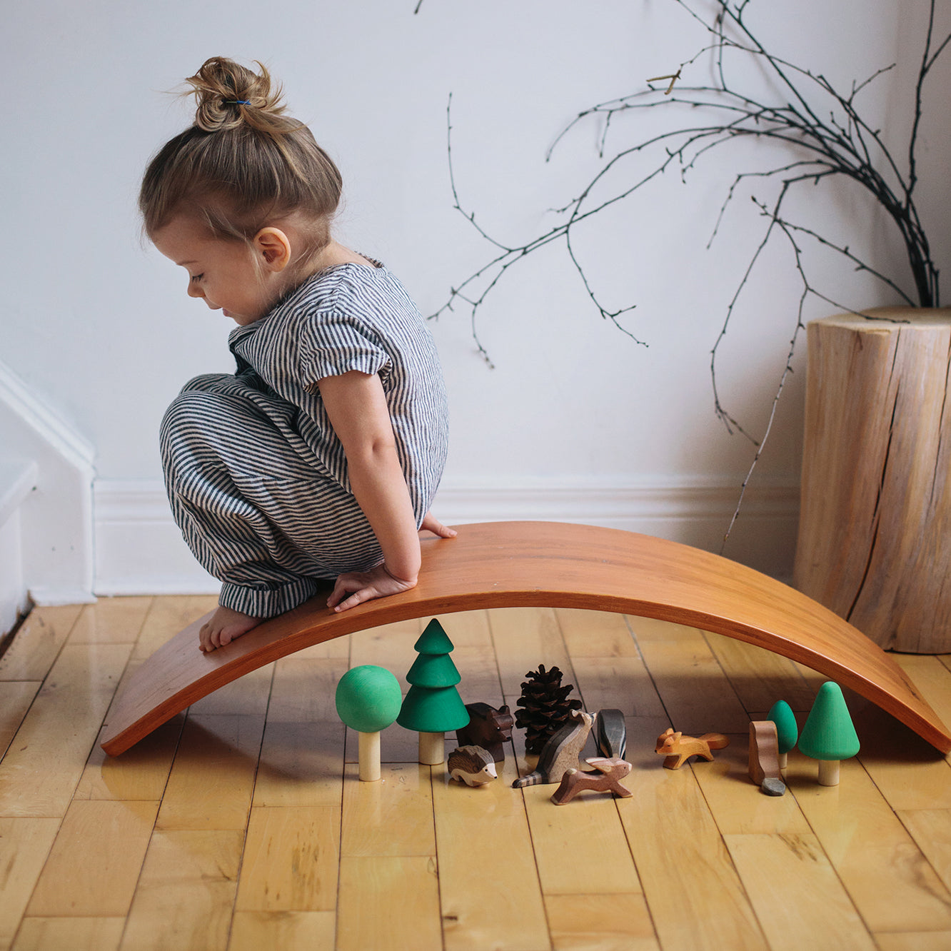 Kinderfeets Wooden Wobble Kinderboard Bamboo Girl Sitting Tunnel