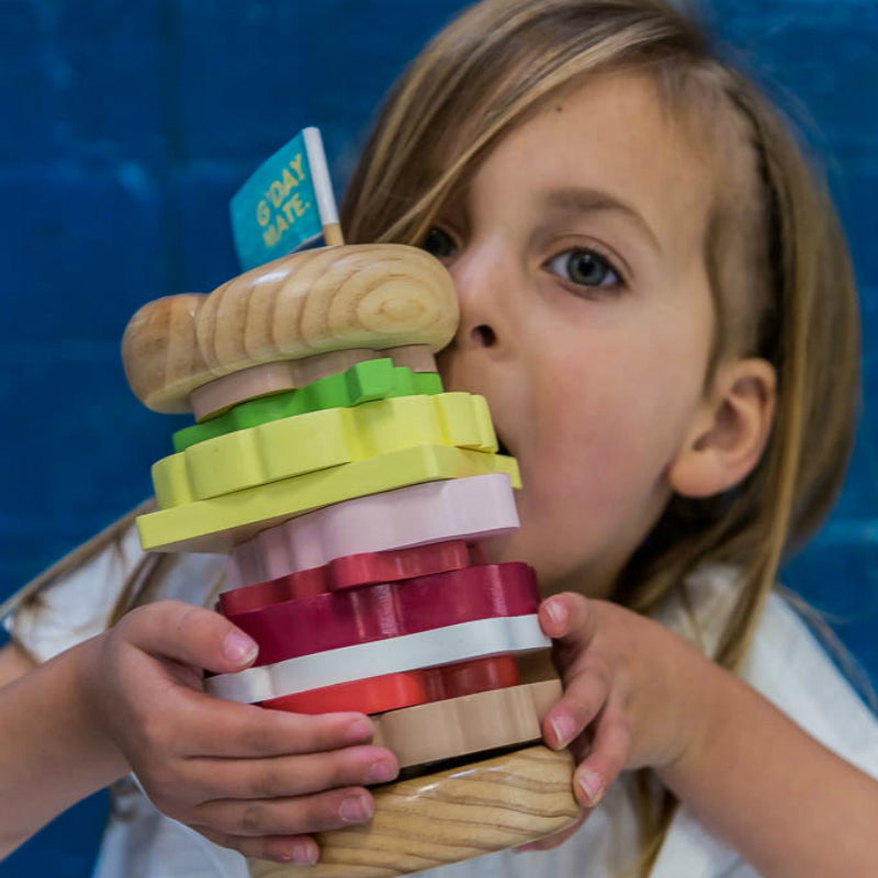 Make Me Iconic Australian Wooden Stacking Burger Girl Pretend Biting