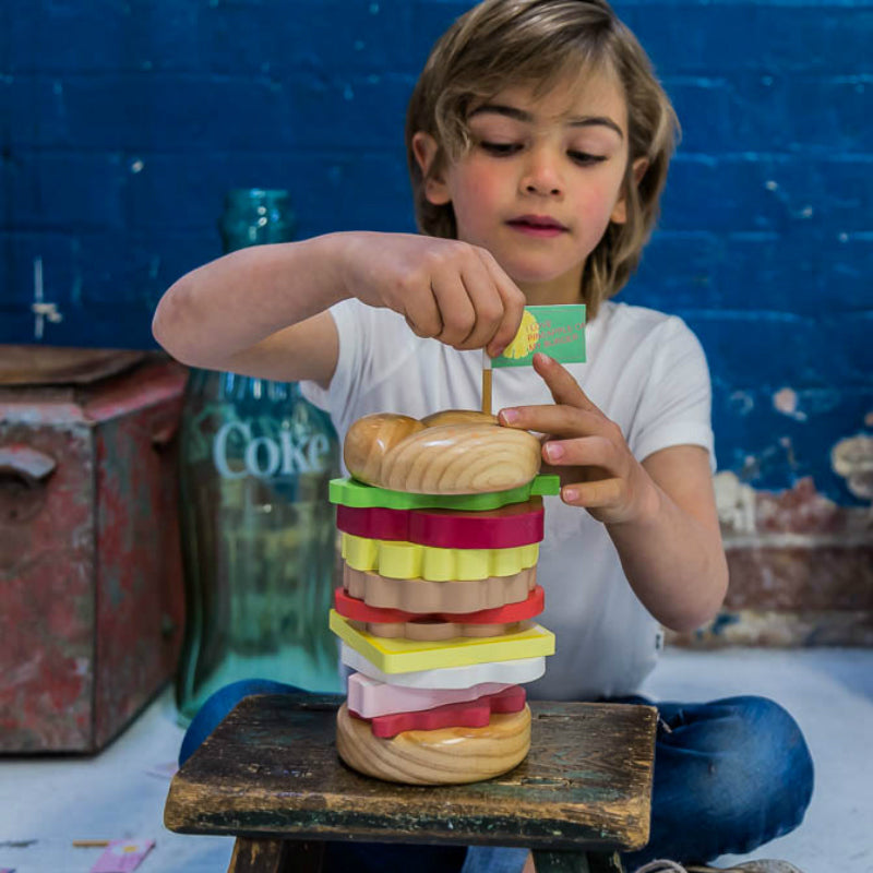 Make Me Iconic Australian Wooden Stacking Burger Boy Sitting