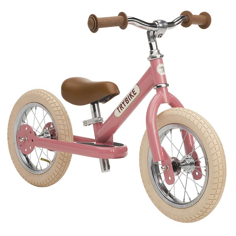 Trybike Pink Vintage Steel 2 in 1 Trybike with Cream Tyres Bike