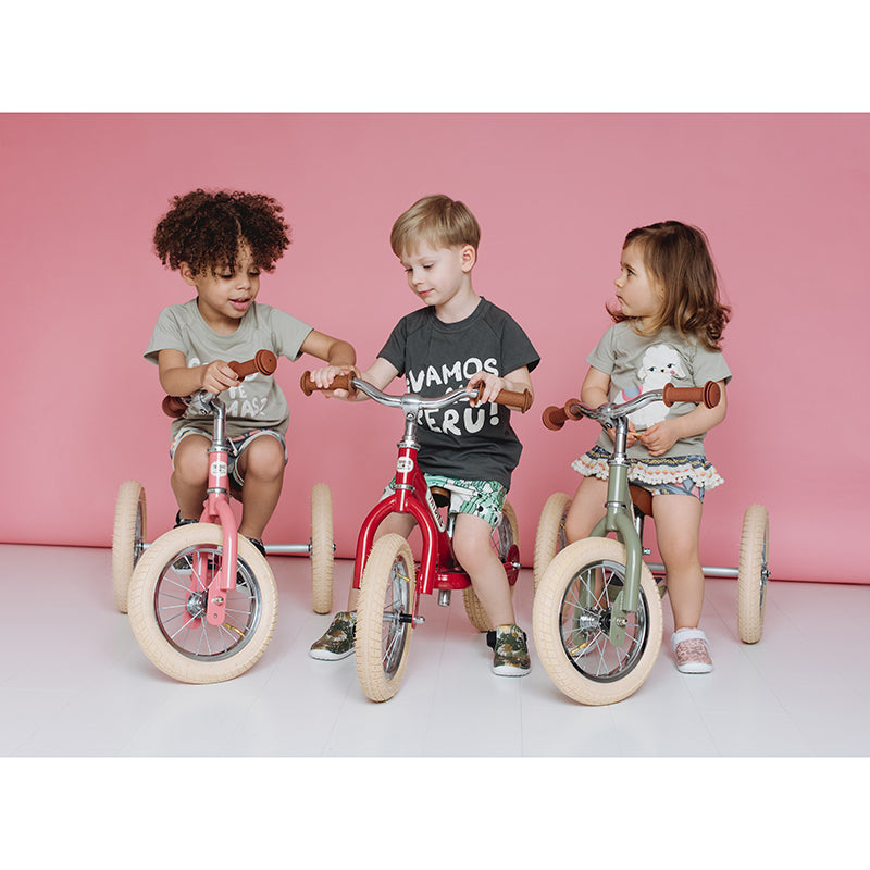 Trybike Pink Vintage Steel 2 in 1 Trybike with Cream Tyres 2 Children Riding