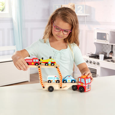 Melissa & Doug Emergency Vehicle Carrier with 4 Vehicles Girl