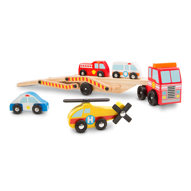 Melissa & Doug Emergency Vehicle Carrier with 4 Vehicles Contents